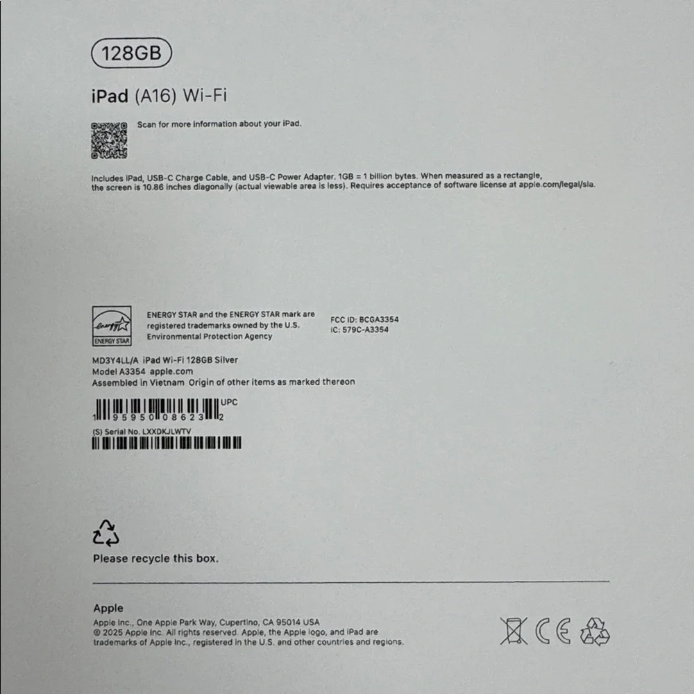 Apple 128GB iPad (A16) Wi-Fi MD3Y4LL/A MODEL A3354 SILVER 2025 BOX ONLY +INSERTS